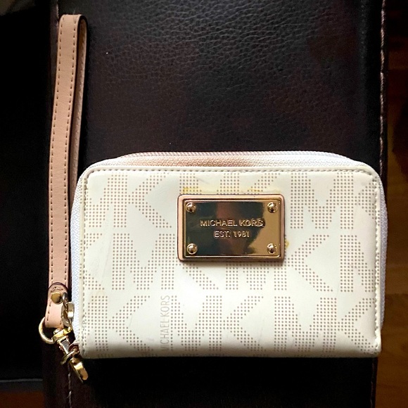Michael Kors Handbags - Michael kors zip wallet, wristlet. White shiney monogram leather gold hardware